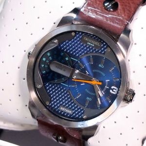 Men's Diesel Mini Daddy Dual Time Blue Face/Brown Leather Strap Watch